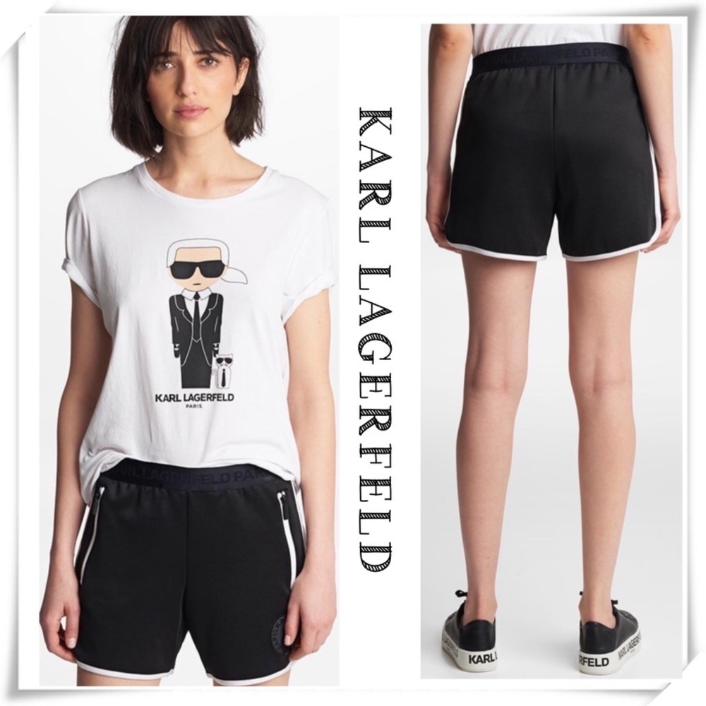 KARL Lagerfeld 70s Logo Trim Running Jersey Shorts in Black Size XS